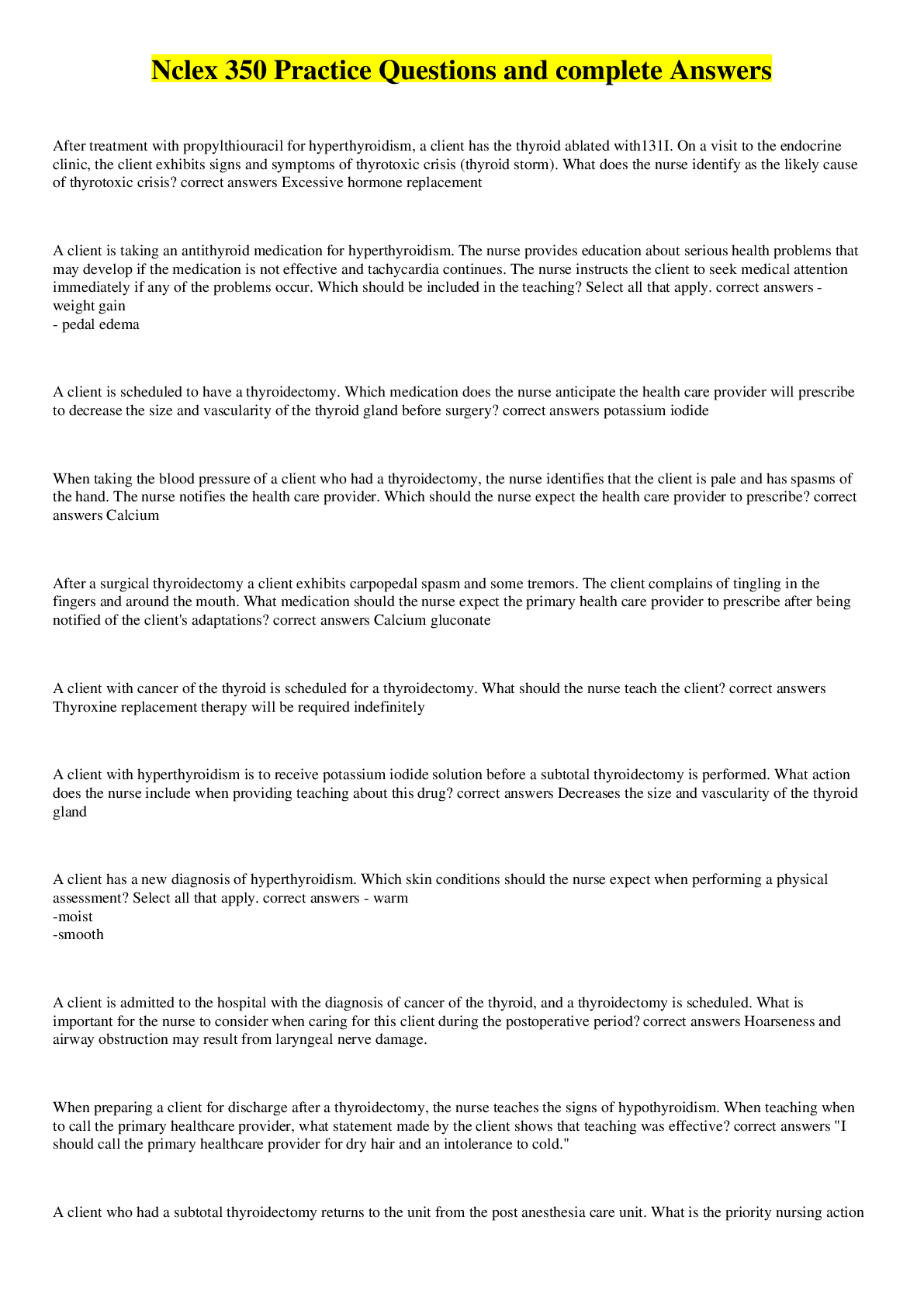 Preview image for Nclex 350 Practice Questions and complete Answers